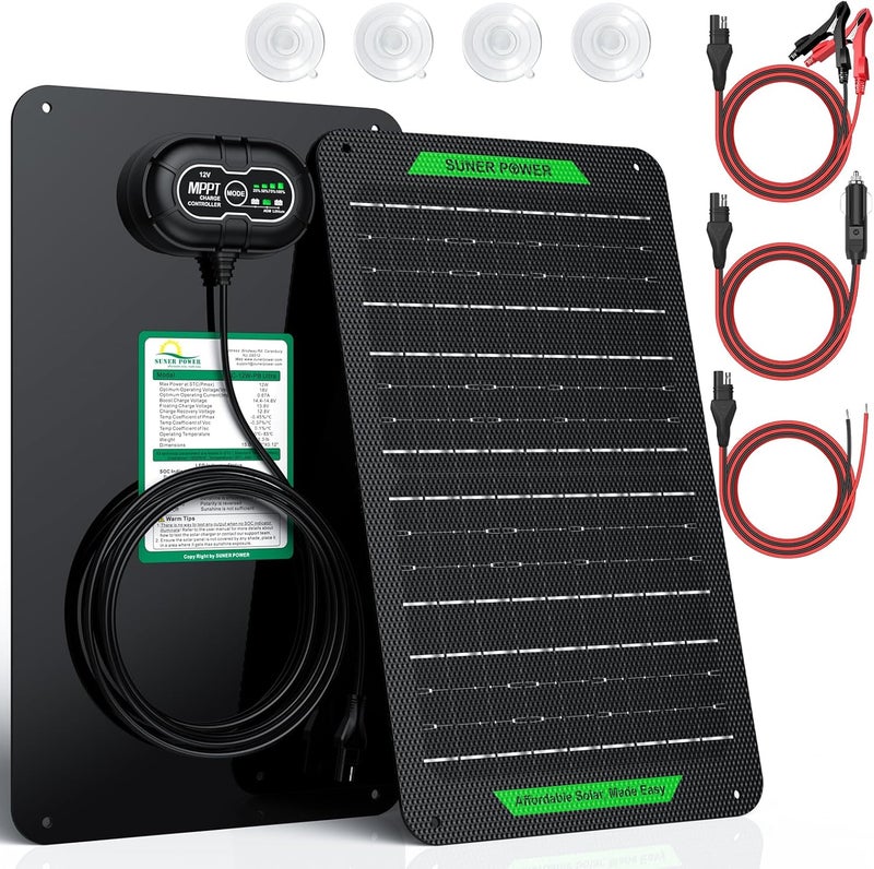 SUNER POWER Waterproof 12W 12V Solar Battery Charger & Maintainer PRO, Built-in UltraSmart MPPT Charge Controller, 12 Volt Solar Panel Trickle Charging Kits for Car Automotive Boat Marine RV Trailer - Image 1